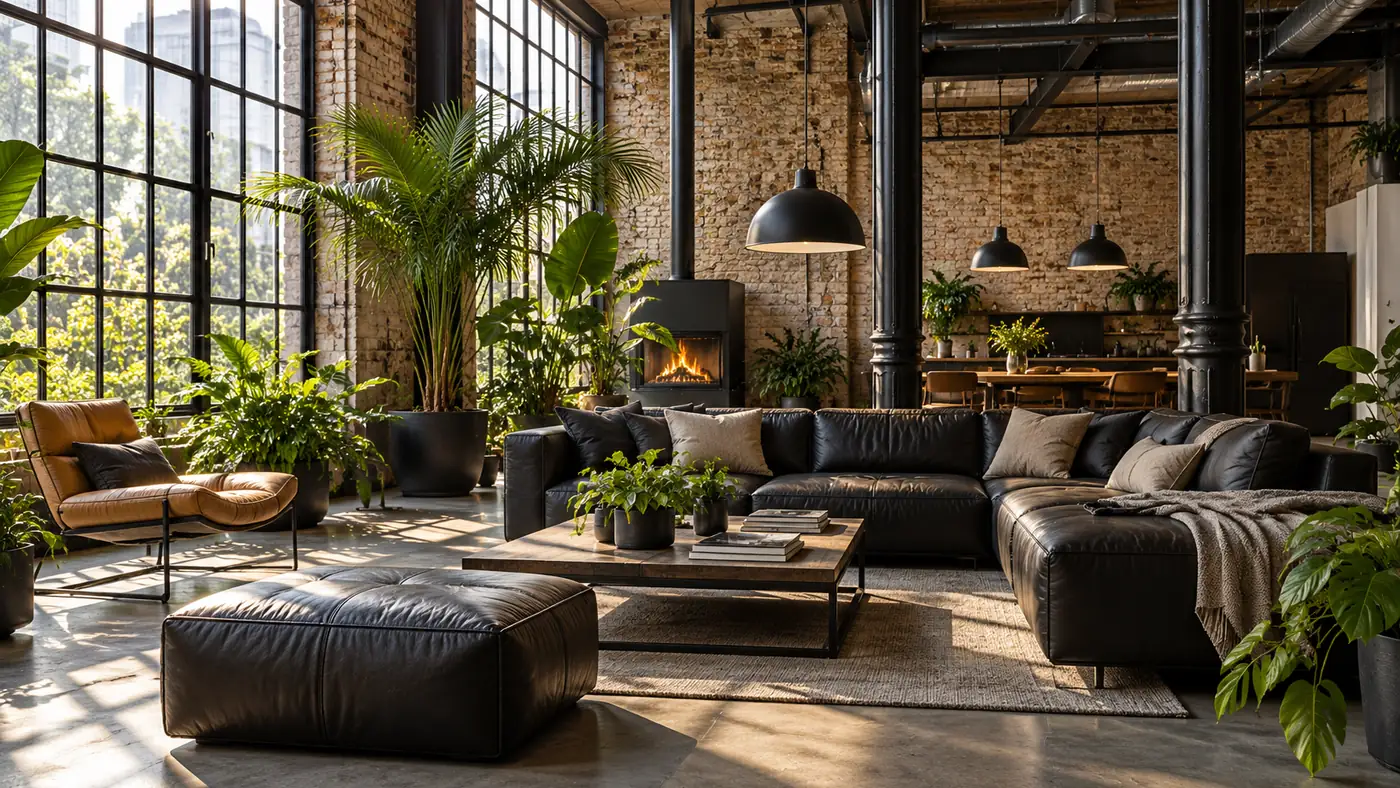 Espacio interior de diseño industrial con ladrillo, vegetación natural, grandes ventanales y mobiliario contemporáneo.